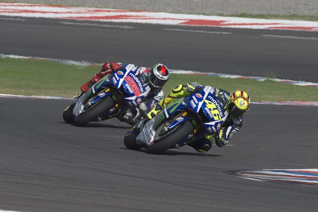 RIO HONDO, ARGENTINA - APRIL 19:  Valentino Rossi of Italy and Movistar Yamaha MotoGP leads Jorge Lorenzo of Spain and Movistar Yamaha MotoGP during the MotoGP race during the MotoGp of Argentina - Race at  on April 19, 2015 in Rio Hondo, Argentina.  (Photo by Mirco Lazzari gp/Getty Images)