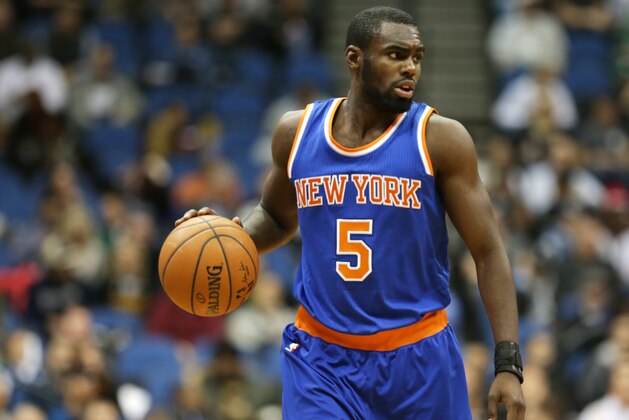 New York Knicks' Tim Hardaway Jr. plays against the Minnesota Timberwolves  in the first quarter of an NBA basketball game, Wednesday, Nov. 19, 2014, in Minneapolis. (AP Photo/Jim Mone)