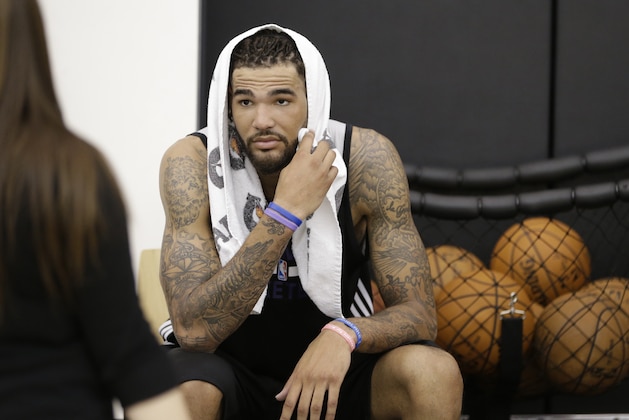 Kentucky center Willie Cauley-Stein relaxes  after a pre draft workout with the Sacramento Kings, in Sacramento, Calif., Thursday, June 11, 2015.(AP Photo/Rich Pedroncelli)