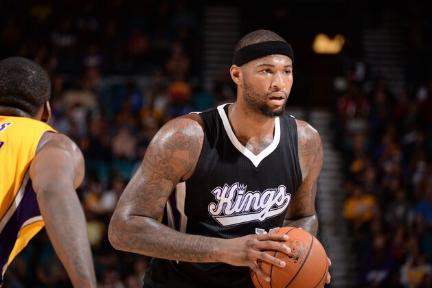 LAS VEGAS, NV - OCTOBER 24: DeMarcus Cousins #15 of the Sacramento Kings handles the basketball during a game against the Los Angeles Lakers on October 24, 2014 at the MGM Grand Garden Arena in Las Vegas, Nevada. NOTE TO USER:  User expressly acknowledges and agrees that, by downloading and or using this Photograph, user is consenting to the terms and conditions of the Getty Images License Agreement.  Mandatory Copyright Notice:  Copyright 2014 NBAE (Photo by Andrew D. Bernstein/NBAE via Getty Images)