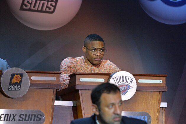 NEW YORK - MAY 19: Russell Westbrook of the Oklahoma City Thunder represents during the 2015 NBA Draft Lottery on May 19, 2015 at the New York Hilton Midtown in New York City.  NOTE TO USER: User expressly acknowledges and agrees that, by downloading and/or using this photograph, user is consenting to the terms and conditions of the Getty Images License Agreement. Mandatory Copyright Notice: Copyright 2015 NBAE (Photo by Jesse D. Garrabrant/NBAE via Getty Images)