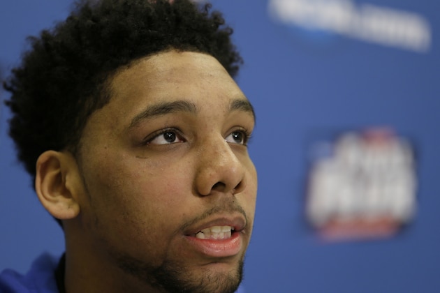 Duke's Jahlil Okafor speaks during a news conference for the NCAA Final Four college basketball tournament championship game Sunday, April 5, 2015, in Indianapolis. (AP Photo/Charlie Neibergall)