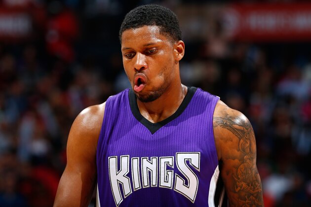 ATLANTA, GA - MARCH 09:  Rudy Gay #8 of the Sacramento Kings reacts at the end of the first half against the Atlanta Hawks at Philips Arena on March 9, 2015 in Atlanta, Georgia.  NOTE TO USER: User expressly acknowledges and agrees that, by downloading and/or using this photograph, user is consenting to the terms and conditions of the Getty Images License Agreement.  (Photo by Kevin C. Cox/Getty Images)