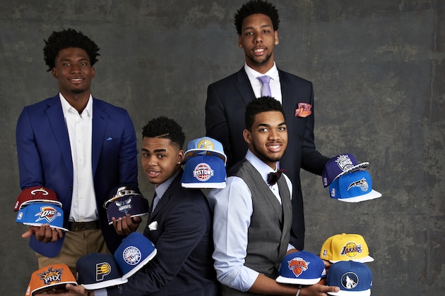 NEW YORK - MAY 19: Draft Prospects Justise Winslow, D'Angelo Russell, Karl Anthony Towns and Jahlil Okafor poses for some portraits prior to the 2015 NBA Draft Lottery on May 19, 2015 at the NBA Headquarters in New York City.  NOTE TO USER: User expressly acknowledges and agrees that, by downloading and/or using this photograph, user is consenting to the terms and conditions of the Getty Images License Agreement. Mandatory Copyright Notice: Copyright 2015 NBAE (Photo by Jennifer Pottheiser/NBAE via Getty Images)