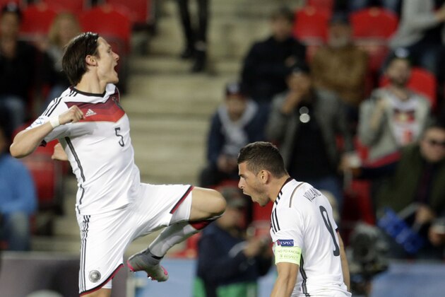 Germany’s Kevin Volland, right celebrates with Nico Schulz after scoring a goal during the Euro U21 soccer championship group A match between Germany and Denmark, at the Eden stadium stadium in Prague, Czech Republic, Saturday, June 20, 2015. (AP Photo/Petr David Josek)