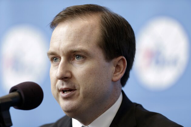 Philadelphia 76ers general manager Sam Hinkie, speaks during a news conference Wednesday, Aug. 14, 2013, in Philadelphia. The NBA basketball team announced the hiring of Brett Brown as coach. (AP Photo/Matt Rourke)