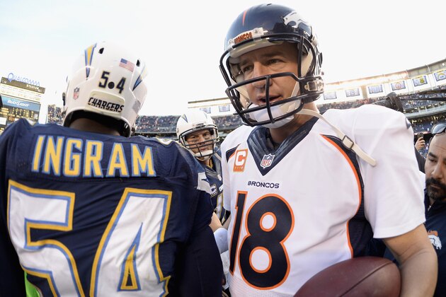 SAN DIEGO, CA - DECEMBER 14:  Quarterback Peyton Manning #18 of the Denver Broncos shakes hands with outside linebacker Melvin Ingram #54 of the San Diego Chargers after the Broncos defeated the Chargers 22-10 at Qualcomm Stadium on December 14, 2014 in San Diego, California.  (Photo by Harry How/Getty Images)