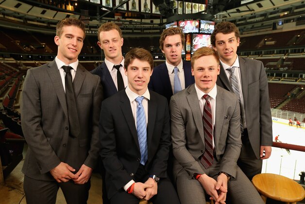 CHICAGO, IL - JUNE 08:  NHL top draft prospects (back row, L-R) Noah Hanafin, Jack Eichel, Connor McDavid, Dylan Strome, (front row, L-R) Mitchell Marner and Lawson Crouse pose for a picture during media availability at United Center on June 8, 2015 in Chicago, Illinois.  (Photo by Dave Sandford/NHLI via Getty Images)