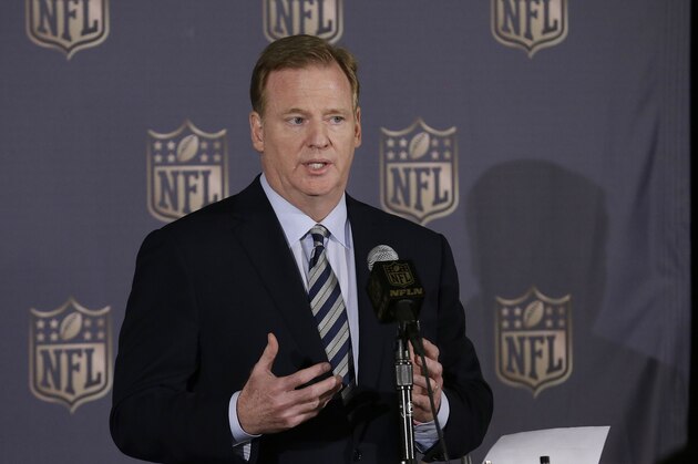 NFL Commissioner Roger Goodell speaks to reporters during the NFL's spring meetings in San Francisco, Wednesday, May 20, 2015. (AP Photo/Jeff Chiu)