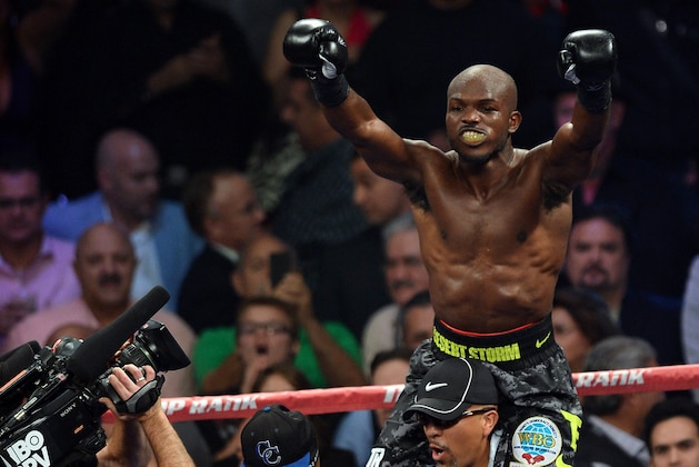 LAS VEGAS, NV - OCTOBER 12:  WBO welterweight champion Timothy Bradley Jr. celebrates his split-decision victory over Juan Manuel Marquez at the Thomas & Mack Center on October 12, 2013 in Las Vegas, Nevada.  (Photo by Ethan Miller/Getty Images)