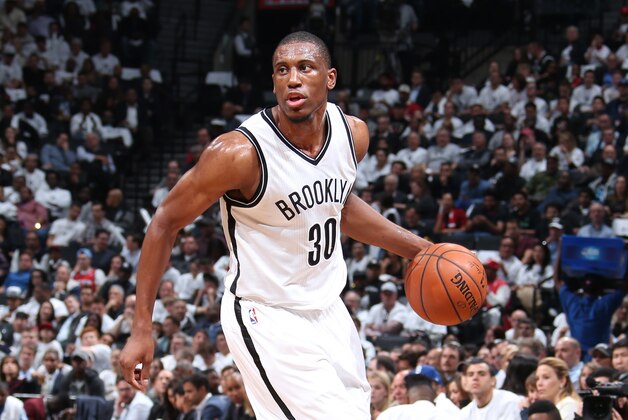 BROOKLYN, NY - APRIL 27: Thaddeus Young #30 of the Brooklyn Nets looks to move the ball against the Atlanta Hawks during Game Four of the Eastern Conference Quarterfinals during the NBA Playoffs on April 27, 2015 at Barclays Center in Brooklyn, NY. NOTE TO USER: User expressly acknowledges and agrees that, by downloading and/or using this Photograph, user is consenting to the terms and conditions of the Getty Images License Agreement. Mandatory Copyright Notice: Copyright 2015 NBAE (Photo by Nathaniel S. Butler/NBAE via Getty Images)