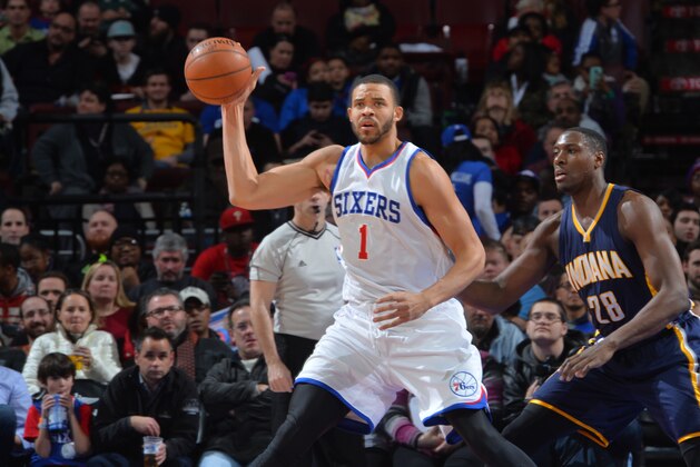 PHILADELPHIA,PA - FEBRUARY 20: JaVale McGee #1 of the Philadelphia 76ers looks to pass the ball against the Indiana Pacers at Wells Fargo Center on February 20, 2015 in Philadelphia, Pennsylvania NOTE TO USER: User expressly acknowledges and agrees that, by downloading and/or using this Photograph, user is consenting to the terms and conditions of the Getty Images License Agreement. Mandatory Copyright Notice: Copyright 2015 NBAE (Photo by Jesse D. Garrabrant/NBAE via Getty Images)