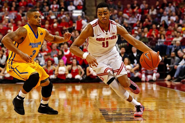 COLUMBUS, OH - DECEMBER 13:  D'Angelo Russell #0 of the Ohio State Buckeyes drives the ball past Corban Collins #3 of the Morehead State Eagles during the second half at Value City Arena on December 13, 2014 in Columbus, Ohio. Ohio State defeated Morhead State 87-71. (Photo by Kirk Irwin/Getty Images)