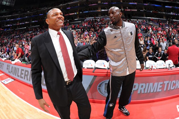 LOS ANGELES, CA - MARCH 09: Doc Rivers of the Los Angeles Clippers and Kevin Garnett #21 of the Minnesota Timberwolves speak before a game at STAPLES Center on March 9, 2015 in Los Angeles, California. NOTE TO USER: User expressly acknowledges and agrees that, by downloading and/or using this Photograph, user is consenting to the terms and conditions of the Getty Images License Agreement. Mandatory Copyright Notice: Copyright 2015 NBAE (Photo by Andrew D. Bernstein/NBAE via Getty Images)