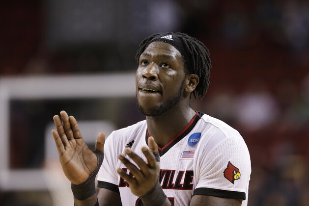 Louisville's Montrezl Harrell applauds in the final moments against Northern Iowa in an NCAA tournament college basketball game in the Round of 32 in Seattle, Sunday, March 22, 2015. (AP Photo/Elaine Thompson)