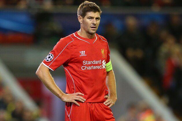LIVERPOOL, ENGLAND - OCTOBER 22:  Steven Gerrard of Liverpool looks on during the UEFA Champions League Group B match between Liverpool and Real Madrid CF on October 22, 2014 in Liverpool, United Kingdom.  (Photo by Alex Livesey/Getty Images)