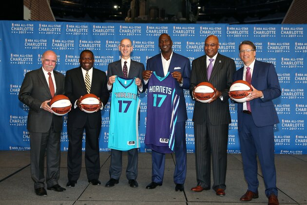 CHARLOTTE, NC - JUNE 23: Dan Clodfelter, NBA Commisioner Adam Silver, Michael Jordan, Dan Clodfelter, Pat McCrory, Trevor Fuller, and Fred Whitfield poses for a picture as the Charlotte Hornets announce the 2017 All-Star game at the Time Warner Cable Arena on June 23, 2015 in Charlotte, North Carolina. NOTE TO USER: User expressly acknowledges and agrees that, by downloading and or using this photograph, User is consenting to the terms and conditions of the Getty Images License Agreement.  Mandatory Copyright Notice:  Copyright 2015 NBAE (Photo by Joe Murphy/NBAE via Getty Images)