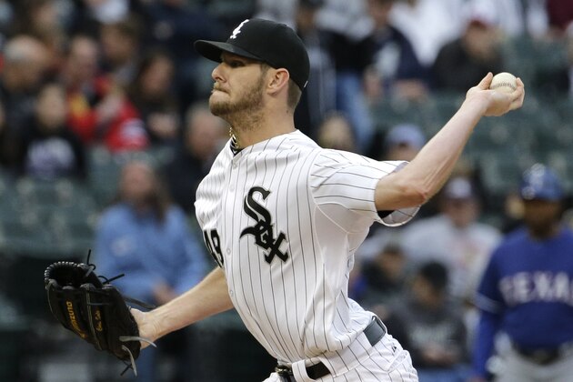 Chicago White Sox starter Chris Sale throws against the Texas Rangers during the first inning of a baseball game on Friday, June 19, 2015,  in Chicago. (AP Photo/Nam Y. Huh)