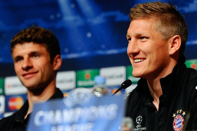 BARCELONA, SPAIN - APRIL 30:  Thomas Muller and Bastian Schweinsteiger of FC Bayern Muenchen face the media during a press conference ahead of their UEFA Champions League Semi-final second leg match against FC Barcelona at Speria Tower Hotel on April 30, 2013 in Barcelona, Spain.  (Photo by David Ramos/Getty Images)