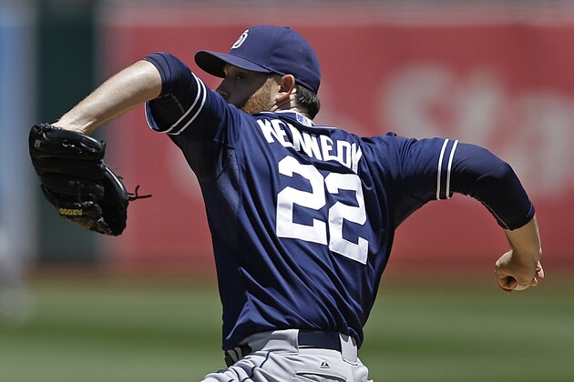 San Diego Padres' Ian Kennedy works against the Oakland Athletics in the first inning of a baseball game Thursday, June 18, 2015, in Oakland, Calif. (AP Photo/Ben Margot)