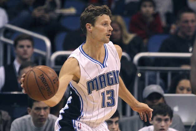 Orlando Magic guard Luke Ridnour (13) during the first half of an NBA basketball game against the New Orleans Pelicans in Orlando, Fla., Friday, Feb. 20, 2015. (AP Photo/Reinhold Matay)