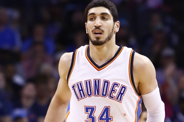 Oklahoma City Thunder center Enes Kanter (34) during the first half of an NBA basketball game against Sacramento Kings in Oklahoma City, Friday, April 10, 2015. (AP Photo/Alonzo Adams)