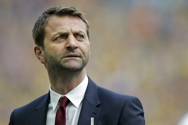 Aston Villa’s coach Tim Sherwood looks on before the English FA Cup final soccer match between Aston Villa and Arsenal at Wembley stadium in London, Saturday, May  30, 2015 . (AP Photo/Alastair Grant)