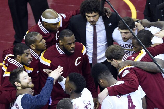 Jun 16, 2015; Cleveland, OH, USA; Cleveland Cavaliers forward LeBron James (23) huddles with teammates prior to game six of the NBA Finals against the Golden State Warriors at Quicken Loans Arena. Mandatory Credit: Ken Blaze-USA TODAY Sports