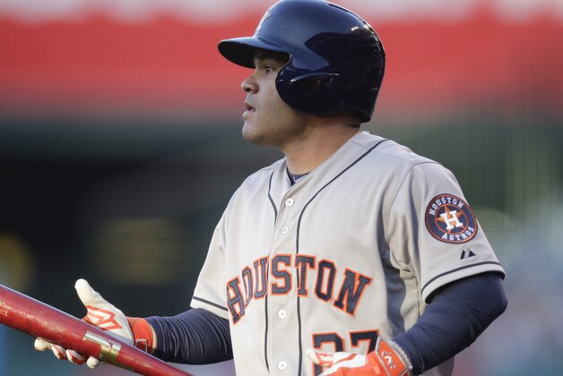 Houston Astros' Jose Altuve during the first inning of a baseball game against the Los Angeles Angels, Tuesday, June 23, 2015, in Anaheim, Calif. (AP Photo/Jae C. Hong)