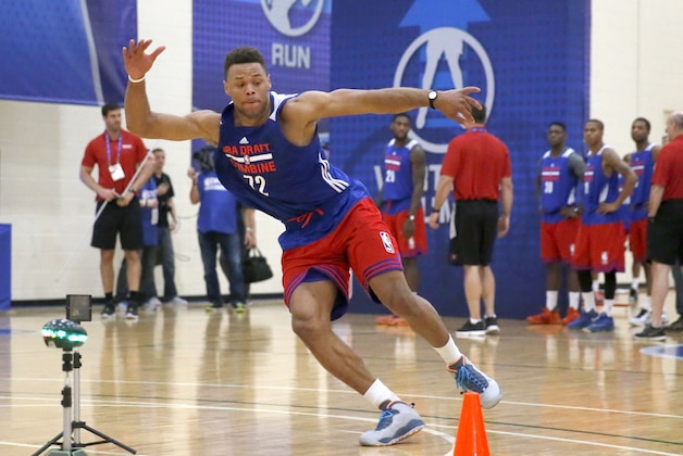 Virginia's Justin Anderson participates in the NBA basketball combine Thursday, May 14, 2015, in Chicago. (AP Photo/Charles Rex Arbogast)