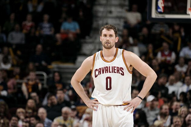 CLEVELAND, OH - APRIL 13: Kevin Love #0 of the Cleveland Cavaliers stands on the court during a game against the Detroit Pistons at The Quicken Loans Arena on April 13, 2015 in Cleveland, Ohio. NOTE TO USER: User expressly acknowledges and agrees that, by downloading and/or using this Photograph, user is consenting to the terms and conditions of the Getty Images License Agreement. Mandatory Copyright Notice: Copyright 2015 NBAE (Photo by David Liam Kyle/NBAE via Getty Images)