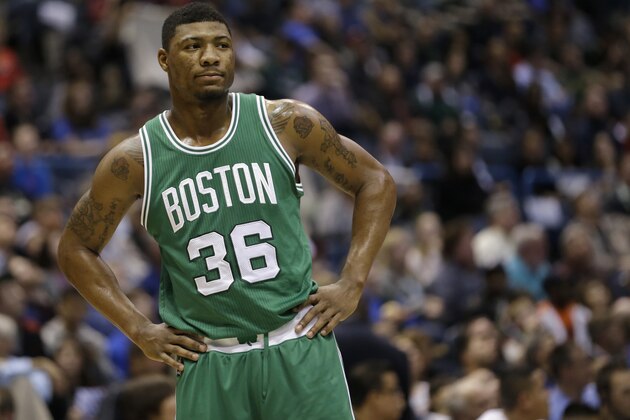 Boston Celtics' Marcus Smart looks away during an NBA basketball game against the Milwaukee Bucks Wednesday, April 15, 2015, in Milwaukee. (AP Photo/Aaron Gash)
