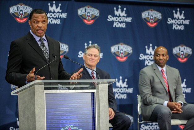 Jun 22, 2015; New Orleans, LA, USA; New Orleans Pelicans head coach Alvin Gentry talks during his introductory press conference as executive vice president Mickey Loomis and general manager Dell Demps (right) look on at the New Orleans Pelicans Training Facility. Mandatory Credit: Derick E. Hingle-USA TODAY Sports