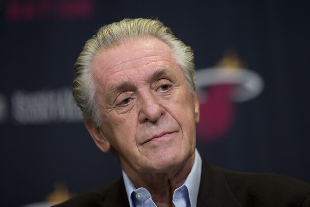 Miami Heat President Pat Riley talks to the media, Monday, April 20, 2015, in Miami. Riley expressed displeasure with himself and the Miami Heat organization for failing to make the playoffs for the first time in seven years. (AP Photo/J Pat Carter)