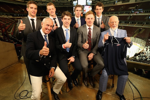 CHICAGO, IL - JUNE 08:  NHL top draft prospects (back row, L-R) Noah Hanafin, Jack Eichel, Connor McDavid, Dylan Strome, (front row, L-R) broadcaster Ron MacLean, Mitchell Marner, Lawson Crouse and broadcaster Don Cherry pose for a picture during media availability at United Center on June 8, 2015 in Chicago, Illinois.  (Photo by Dave Sandford/NHLI via Getty Images)