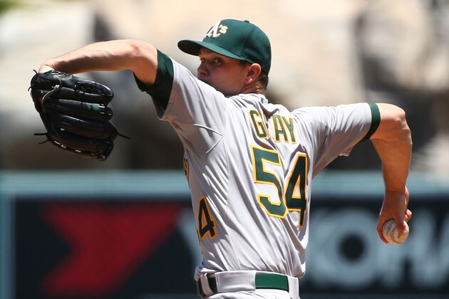 ANAHEIM, CA - JUNE 14:  Pitcher Sonny Gray #54 of the Oakland Athletics pitches in the first inning during the MLB game  against the Los Angeles Angels of Anaheim at Angel Stadium of Anaheim on June 14, 2015 in Anaheim, California.  (Photo by Victor Decolongon/Getty Images)