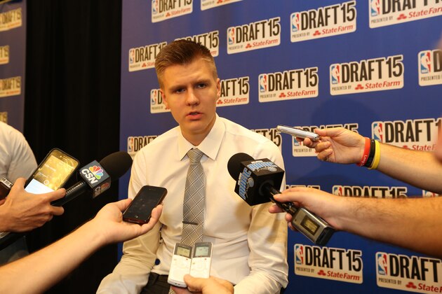 NEW YORK - JUNE 24: NBA Draft Prospect, Kristaps Porzingis speaks to the media during media availability as part of the 2015 NBA Draft on June 24, 2015 at the Westin Times Square in New York City. NOTE TO USER: User expressly acknowledges and agrees that, by downloading and/or using this photograph, user is consenting to the terms and conditions of the Getty Images License Agreement.  Mandatory Copyright Notice: Copyright 2015 NBAE (Photo by Michael LeBrecht/NBAE via Getty Images)