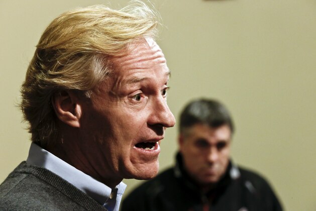 Phoenix Coyotes' general manager Don Maloney, left, talks and head coach Dave Tippett looks on as Maloney talks about the upcoming NHL hockey season at a news conference, Thursday, Jan. 10, 2013, Glendale, Ariz.(AP Photo/Ross D. Franklin)