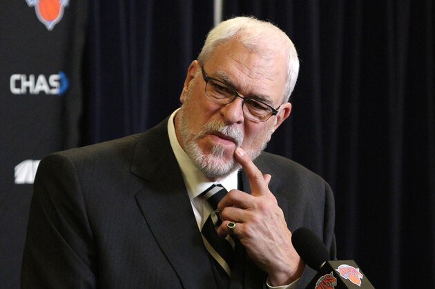 Jan 10, 2015; New York, NY, USA; New York Knicks president Phil Jackson addresses media before the start of  the game against Charlotte Hornets at Madison Square Garden. Mandatory Credit: Noah K. Murray-USA TODAY Sports