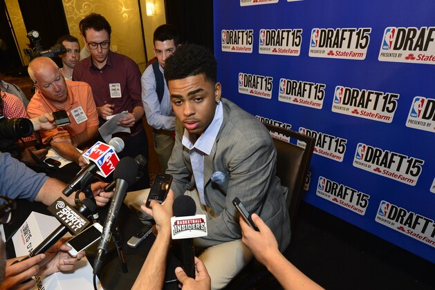 NEW YORK - JUNE 24: NBA Draft Prospect, D'Angelo Russell speaks to the media during media availability as part of the 2015 NBA Draft on June 24, 2015 at the Westin Times Square in New York City. NOTE TO USER: User expressly acknowledges and agrees that, by downloading and/or using this photograph, user is consenting to the terms and conditions of the Getty Images License Agreement.  Mandatory Copyright Notice: Copyright 2015 NBAE (Photo by David Dow/NBAE via Getty Images)