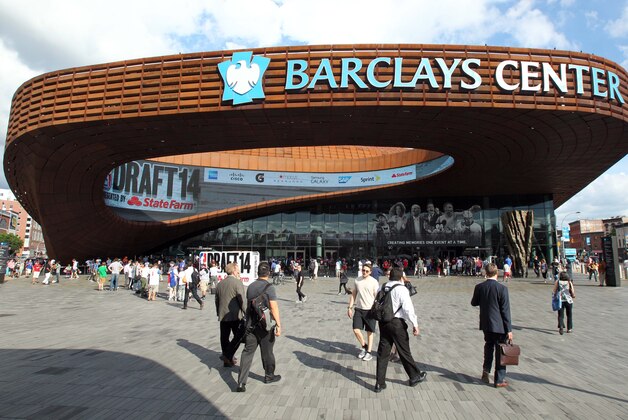 Jun 26, 2014; Brooklyn, NY, USA; A general view of the arena exterior before the 2014 NBA Draft at the Barclays Center. Mandatory Credit: Brad Penner-USA TODAY Sports