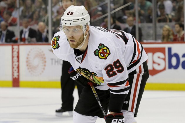 Chicago Blackhawks left wing Bryan Bickell (29) gets into position for a face-off during the second period of Game 4 in the second round of the NHL Stanley Cup hockey playoffs against the Minnesota Wild in St. Paul, Minn., Thursday, May 7, 2015. (AP Photo/Ann Heisenfelt) Chicago Blackhawks left wing Bryan Bickell (29) gets into position for a face-off during the second period of Game 4 in the second round of the NHL Stanley Cup hockey playoffs against the Minnesota Wild in St. Paul, Minn., Thursday, May 7, 2015. (AP Photo/Ann Heisenfelt)