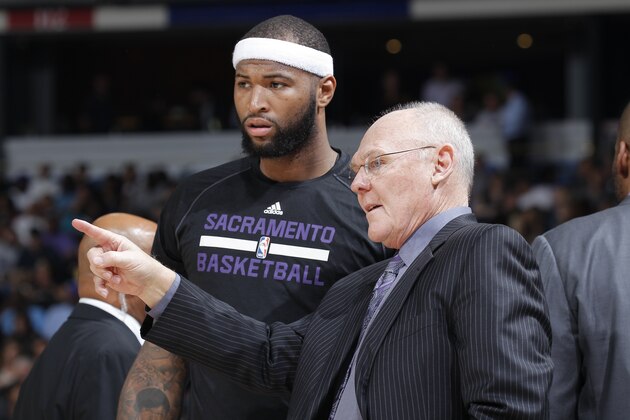 SACRAMENTO, CA - MARCH 16: Head coach George Karl of the Sacramento Kings coaches DeMarcus Cousins #15 against the Atlanta Hawks on March 16, 2015 at Sleep Train Arena in Sacramento, California. NOTE TO USER: User expressly acknowledges and agrees that, by downloading and or using this photograph, User is consenting to the terms and conditions of the Getty Images Agreement. Mandatory Copyright Notice: Copyright 2015 NBAE (Photo by Rocky Widner/NBAE via Getty Images)