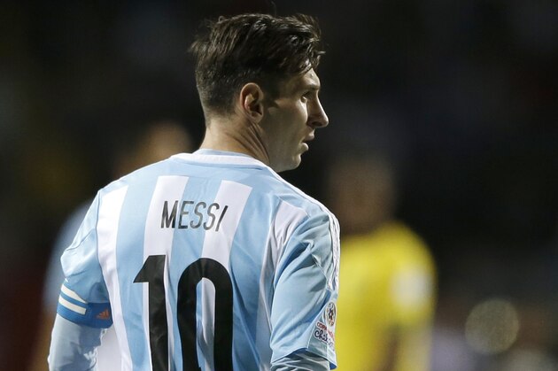 Argentina's Lionel Messi looks on during a Copa America Group B soccer match against Jamaica at the Sausalito Stadium in Vina del Mar, Chile, Saturday, June 20, 2015. (AP Photo/Ricardo Mazalan)