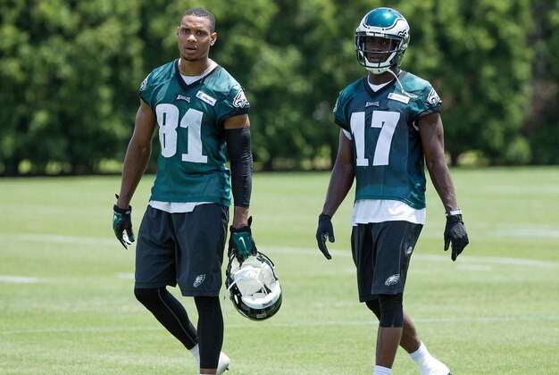 Jun 17, 2015; Philadelphia, PA, USA; Philadelphia Eagles wide receivers Jordan Matthews (81) and Nelson Agholor (17) during minicamp at The NovaCare Complex. Mandatory Credit: Bill Streicher-USA TODAY Sports