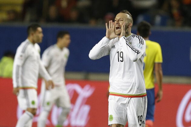 Mexico's Matias Vuoso reacts during a Copa America Group A soccer match against Ecuador  at El Teniente Stadium in Rancagua, Chile, Friday, June 19, 2015. (AP Photo/Natacha Pisarenko)
