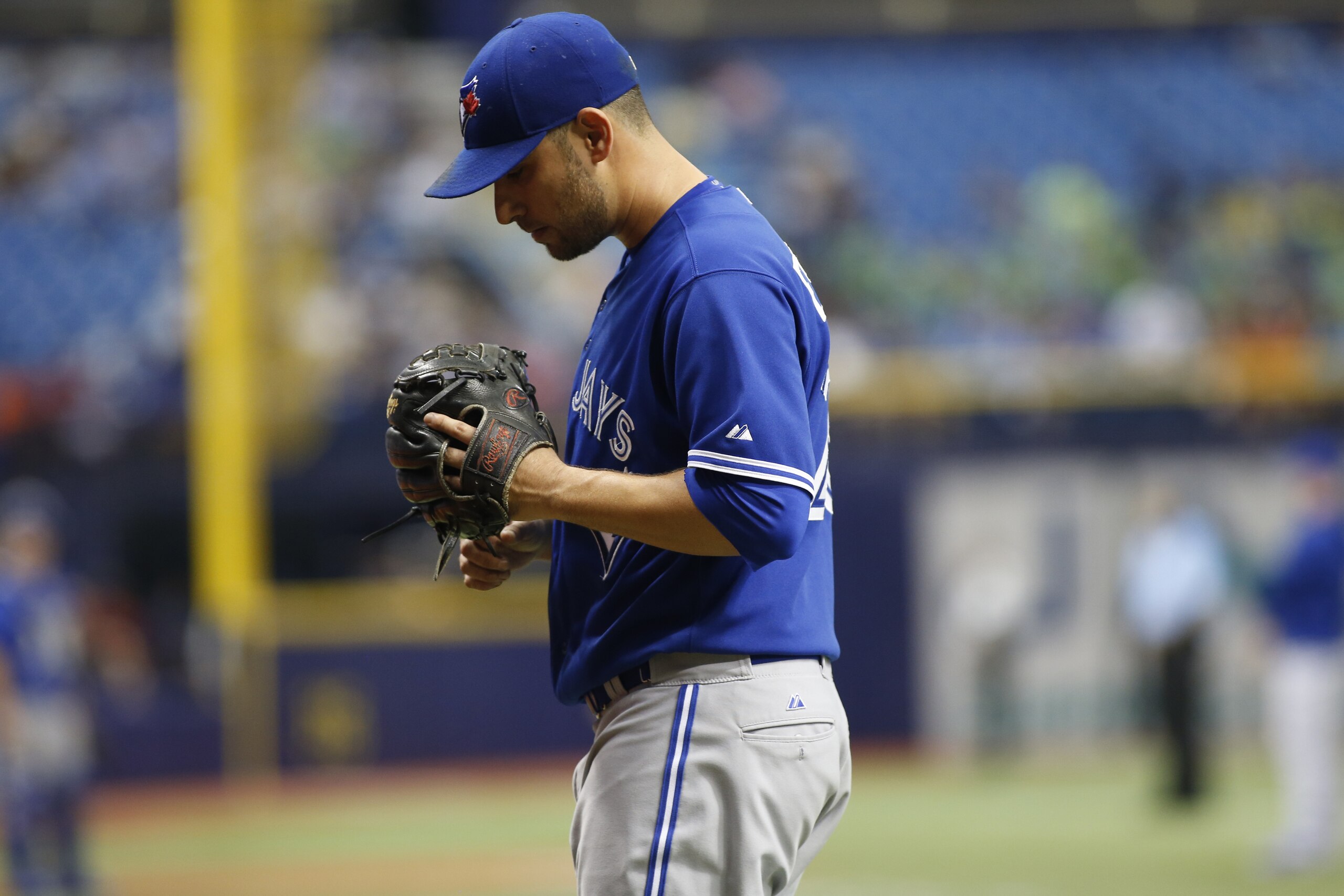ST. PETERSBURG, FL - JUNE 24: Pitcher Marco Estrada #25 of the Toronto Blue Jays walks back to the dugout after the eighth inning of a game against the Tampa Bay Rays on June 24, 2015 at Tropicana Field in St. Petersburg, Florida. (Photo by Brian Blanco/Getty Images) ST. PETERSBURG, FL - JUNE 24: Pitcher Marco Estrada #25 of the Toronto Blue Jays walks back to the dugout after the eighth inning of a game against the Tampa Bay Rays on June 24, 2015 at Tropicana Field in St. Petersburg, Florida. (Photo by Brian Blanco/Getty Images)