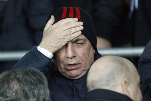 AC Milan vice-president Adriano Galliani reacts during a Serie A soccer match between Juventus and AC Milan, at the Olympic stadium in Turin, Italy, Sunday, Jan. 10, 2010. (AP Photo/Luca Bruno)