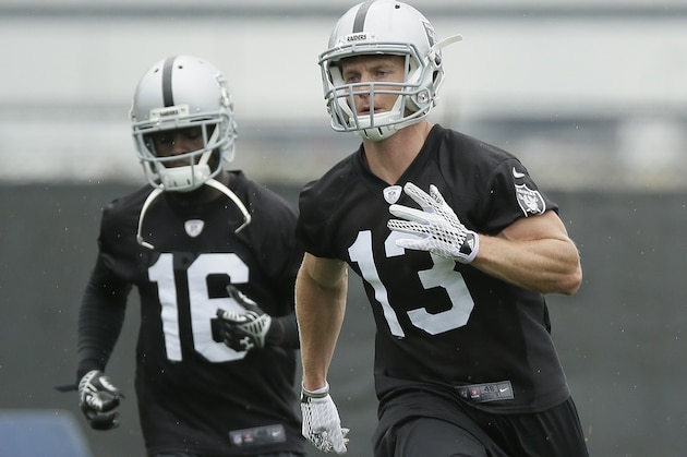 Oakland Raiders wide receivers Austin Willis (13) and Trindon Holliday (16) during mini camp at an NFL football facility Wednesday, June 10, 2015, in Alameda, Calif. (AP Photo/Eric Risberg)