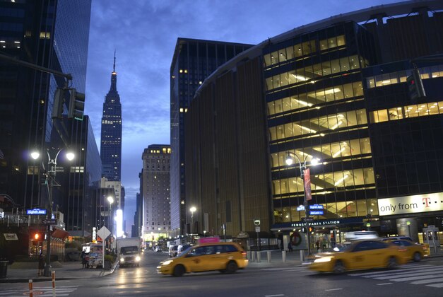 Dec 8, 2013; New York, NY, USA; General view of the Empire State building and Madison Square Garden and Penn Station before the NFL game between the Oakland Raiders and the New York Jets. Mandatory Credit: Kirby Lee-USA TODAY Sports